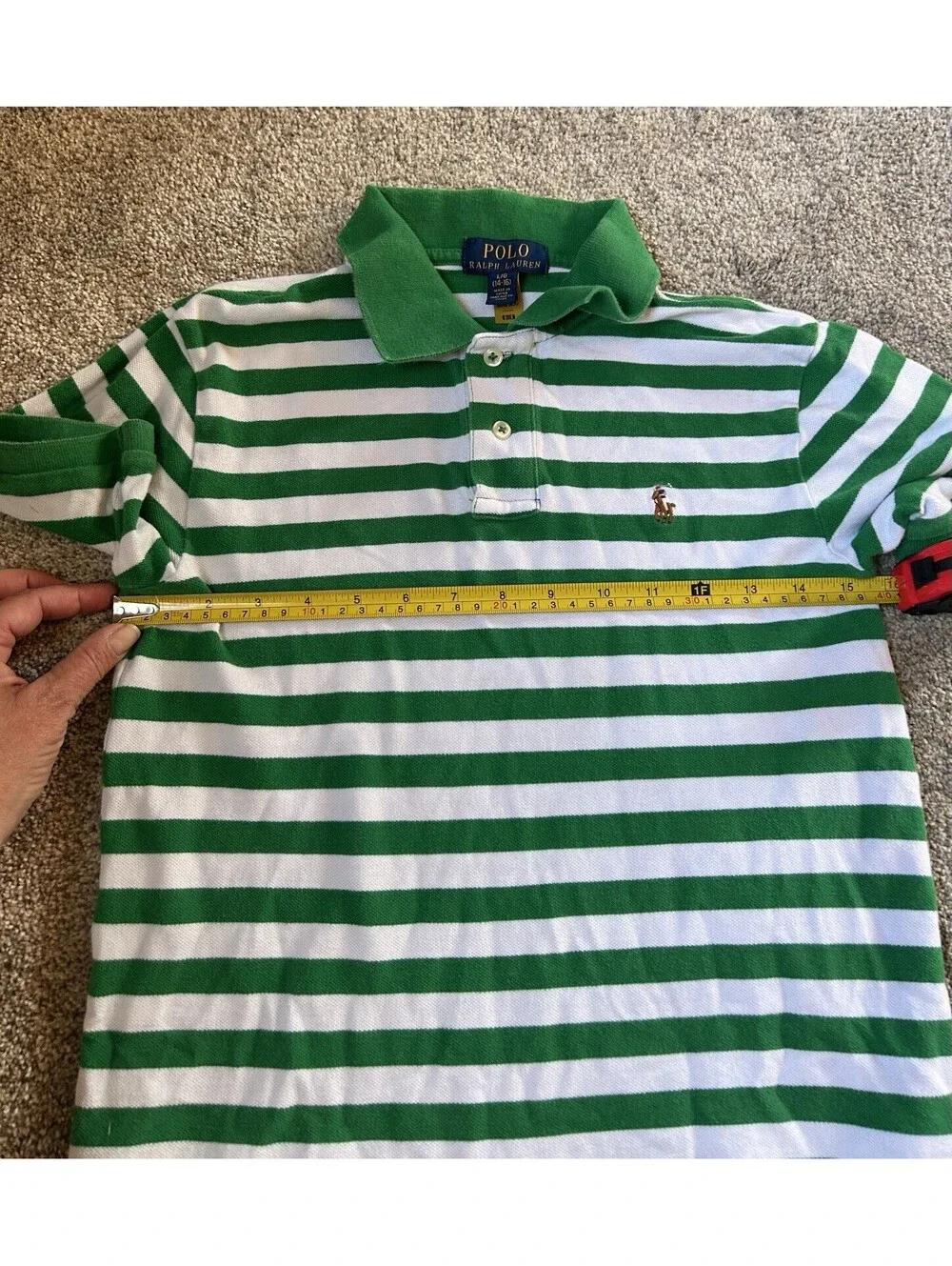 Polo Ralph Lauren Boys 100% Cotton Shirt Sz. L (14-16) Green White Striped Pony